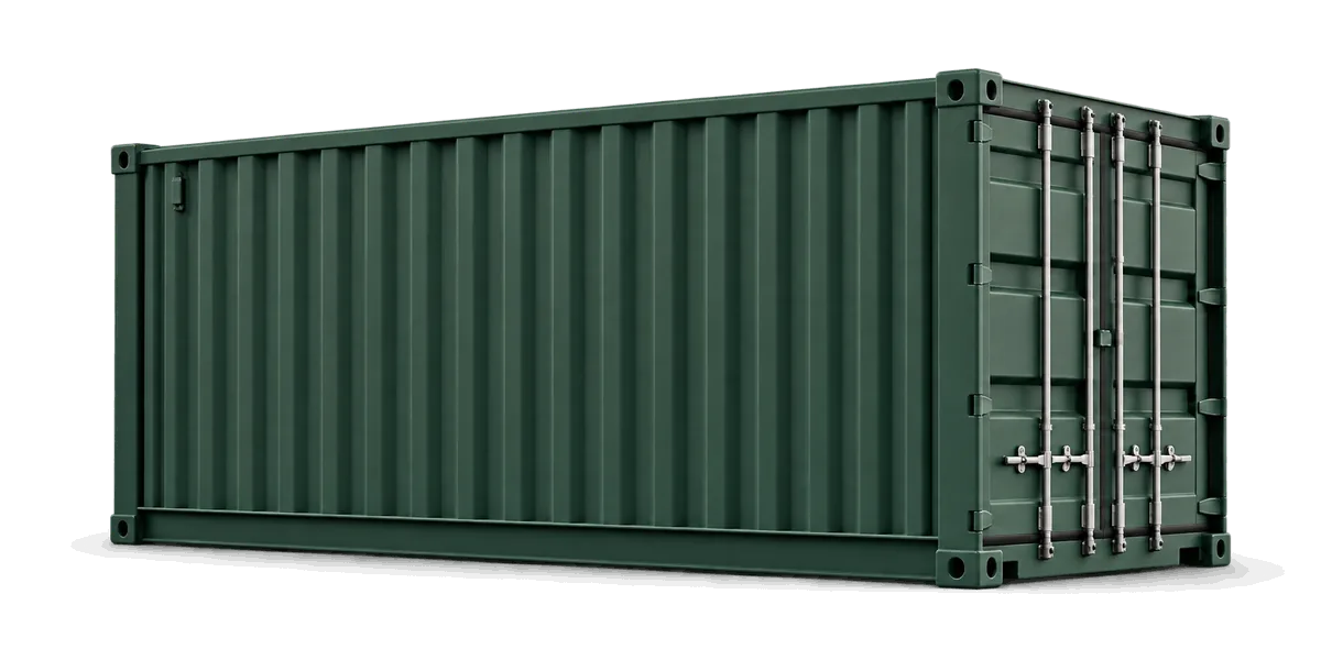 Illustration of a 20 ft standard container in good condition (an as-is box shows its damage)